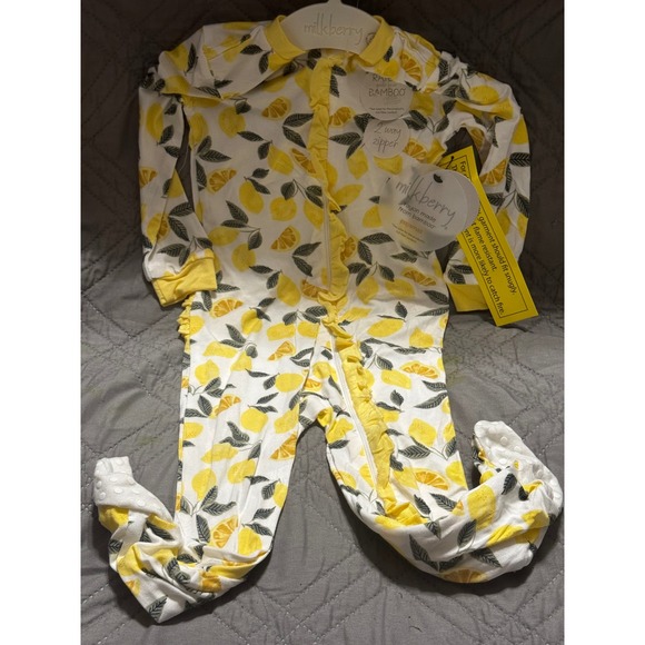 Milkberry Other - Milkberry Bamboo Lemon Print Footed Pajamas 2-Way Zipper Ruffle Sleeper 18M NEW